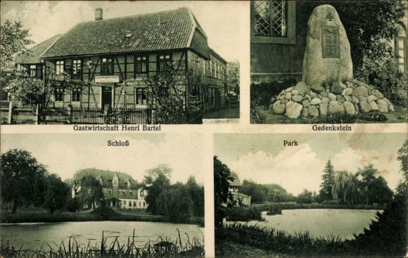 Postcard Gross Brunsrode Apprenticeship in Lower Saxony, Restaurant Henri Bartel, Memorial Stone, Castle