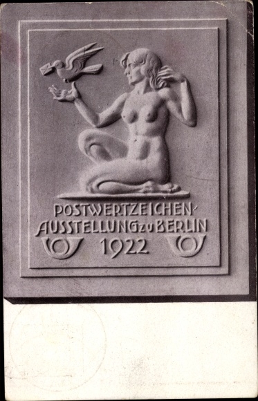 KP pocztowa Berlin, wystawa znaczków pocztowych 1922, relief, akt, gołąb pocztowy