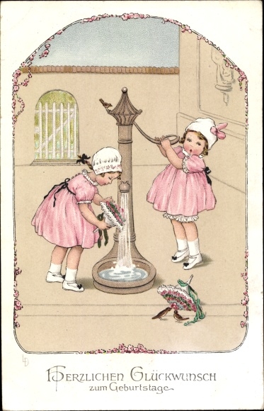 Artist Postcard Döring, Lia, congratulations birthday, girl with flowers at the water pump