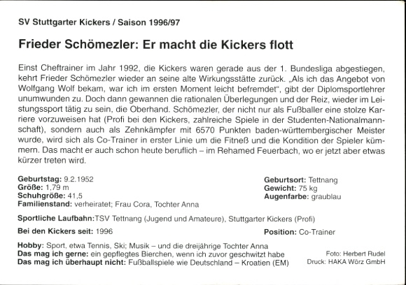 Karta autografu piłkarza Friedera Schömelzera, SV Stuttgarter Kickers, autograf