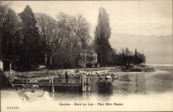 KP Genève Geneva Szwajcaria, Bord du Lac, Parc Mon Repos, woda, drzewa, nadmorska promenada