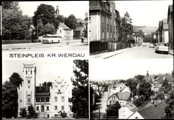 Postcard Steinpleis Werdau in Saxony, town views, bus, car, tower
