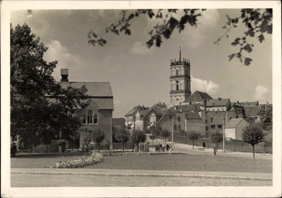 Postcard Neustrelitz in Mecklenburg, city view, tower, street section