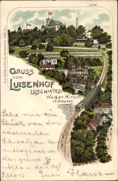 Chromo-Litho Dresden Northeast Loschwitz, Luisenhof, cable car, funicular, panorama of the place