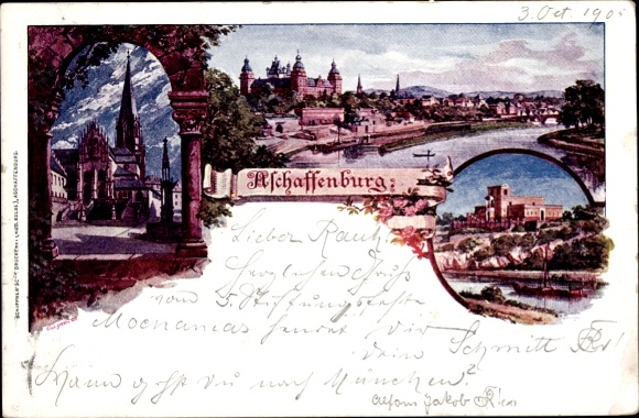 Chromo-Litho Aschaffenburg in Lower Franconia Bavaria, church, general view