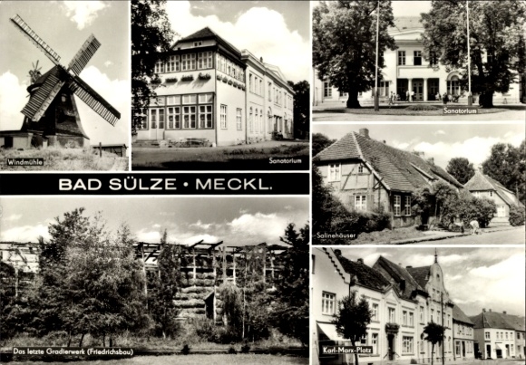 Postcard Bad Sülze in Mecklenburg, windmill, sanatorium, salt houses, graduation tower, Friedrichsbau