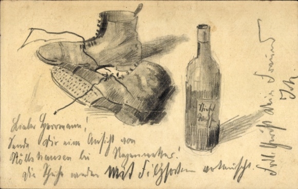 Malowany ręcznie artysta KP Hans Wiegand, Szkoła w Düsseldorfie, buty, butelka, podpis