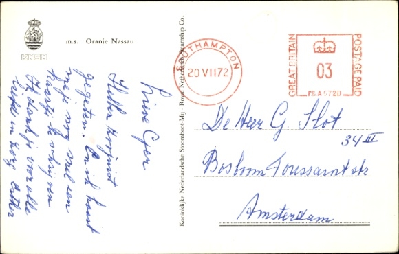 Postcard ship Oranje Nassau, passenger ship