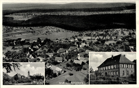 Postcard Schielberg Marxzell in Baden Württemberg, aerial photography, school, church