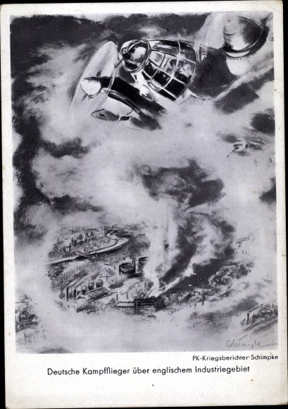 Artist PC Schimpke, German fighter pilots over an English industrial area, WWII, Heinkel He 111