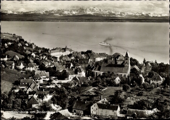 Postcard Meersburg on Lake Constance, landscape with houses, church, lake and boat, mountain ranges in the background