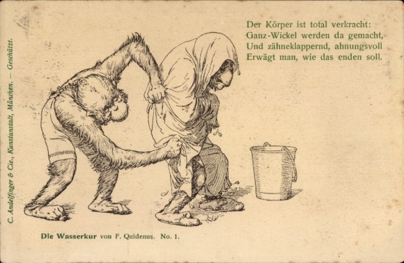 Kunstenaarskaart Quidenus, F., waterbehandeling, antropomorfe apen, het lichaam is totaal in de war...