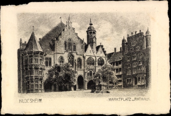 Ak Hildesheim in Niedersachsen,  Marktplatz, Rathaus, Radierung