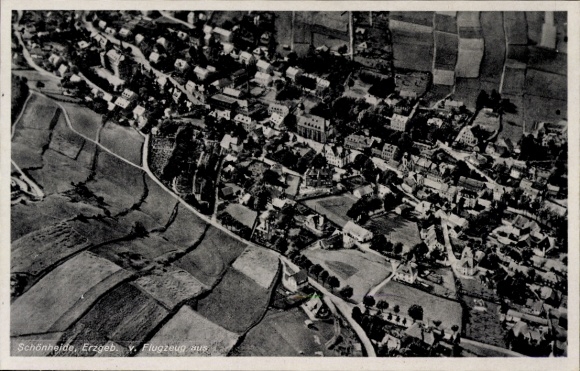 Postcard Rabenau in the Ore Mountains, aerial view of Schönheide, fields, residential buildings, surroundings