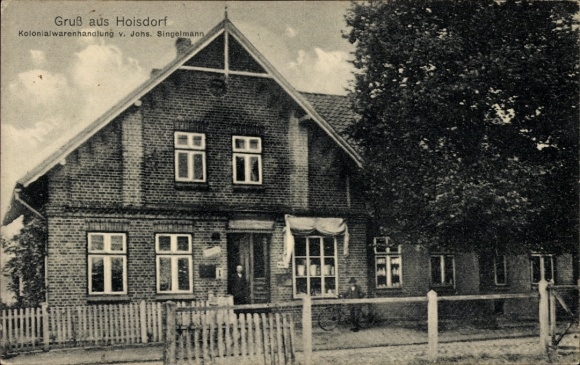Postcard Hoisdorf in Schleswig-Holstein, grocery store Johs. Singelmann