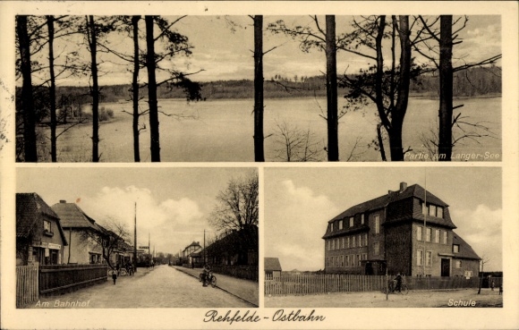 Postcard Rehfelde on the Ostbahn, school, train station, Langer-See