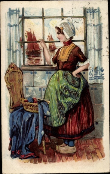 Embossed Postcard woman in Dutch costume, crochet thread