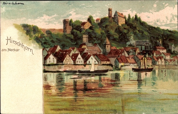 Artist Chromo-Litho Hirschhorn Neckar, view of the town, castle