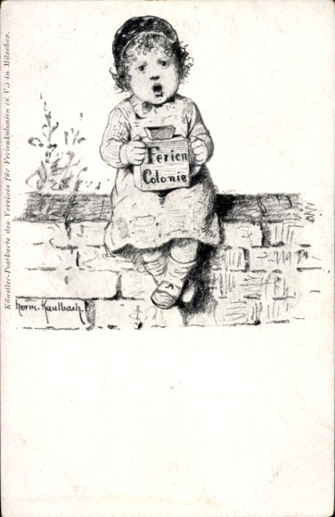 Artist Postcard Hermann Kaulbach, Child with collection box for the holiday colony