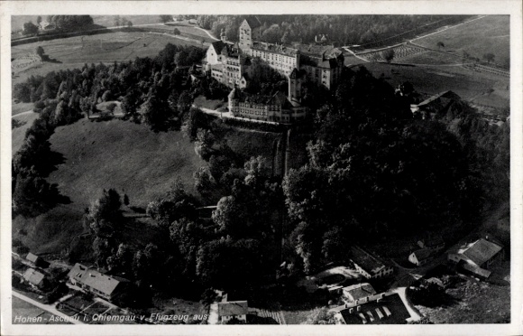 Postcard Hohenaschau Aschau im Chiemgau Upper Bavaria, aerial view of Hohen-Asche, castle, green landscape
