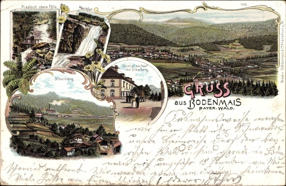 Litho Bodenmais im Bayerischen Wald Niederbayern, Rissloch obere Fälle, Gasthof zur Post, Silberberg
