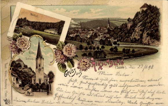 Postcard Hirschberg an der Saale, with landscape, church, castle, greetings from Hirschberg
