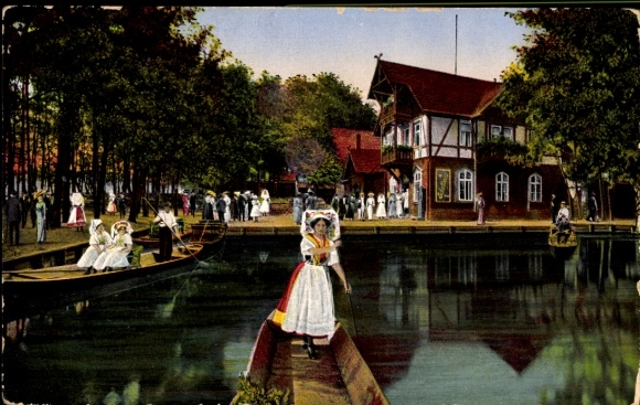 Postcard Wotschofska Lübbenau Spreewald, Restaurant Wotschofska, women in Spreewald costume