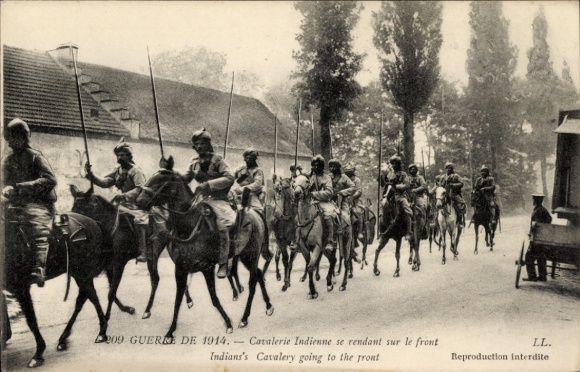 Postcard Indian cavalry on the way to the front, WWI, 1914