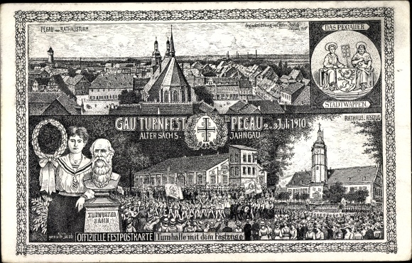 Artist Coat of Arms Postcard Pegau in Saxony, Gauturnfest 1910, gymnasium with procession, view of the town