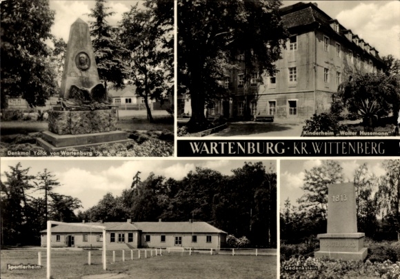 Ak Wartenburg Kemberg in der Dübener Heide, Denkmal, Kinderheim Walter Husemann, Sportlerheim