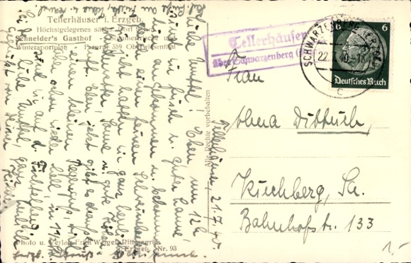 Landsstempel Tellerhäuser boven Schwarzenberg, 22 juli 1940, briefkaart