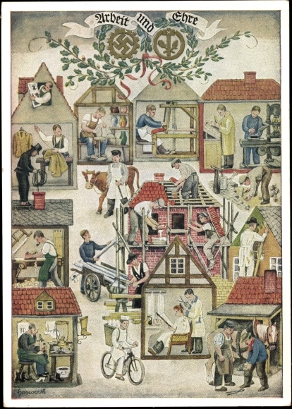 Künstler Ak Reichshandwerkertag 1936, Arbeit und Ehre, Friseur, Bäcker, Töpfer, Schornsteinfeger