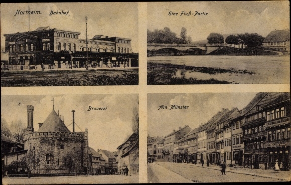 Ak Northeim in Niedersachsen, Bahnhof, Brauerei, Am Münster, Flusspartie