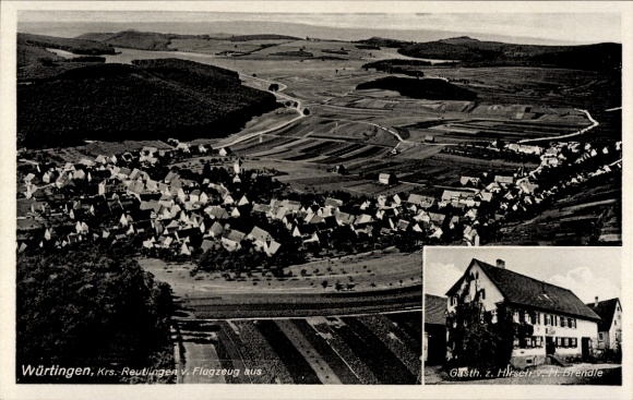 Postcard Würtingen St. Johann Swabian Alb Württemberg, aerial photograph, Gasth. z. Hirsch