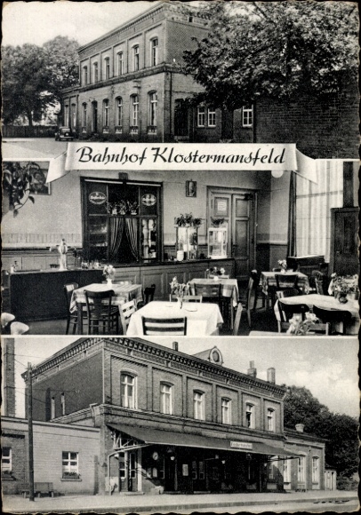 Postcard Klostermansfeld in Saxony Anhalt, train station, station restaurant Sauer