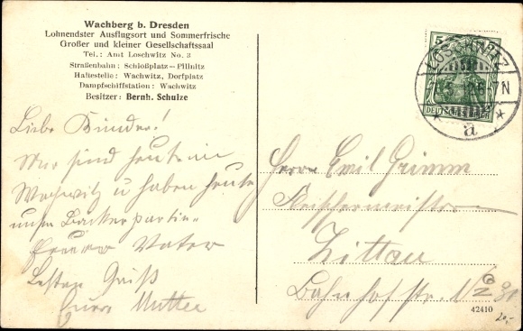 Postcard Dresden Wachwitz, inn Wachberg, owner Bernh. Schulze