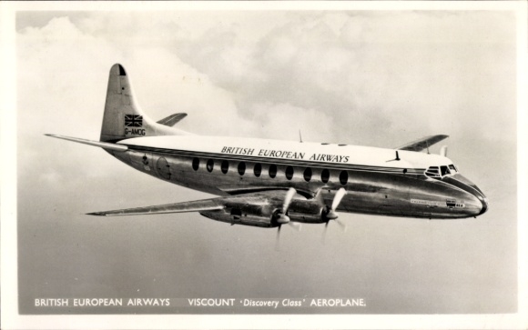 Postcard passenger aircraft Viscount Discovery Class of British European Airways, G-AMOG
