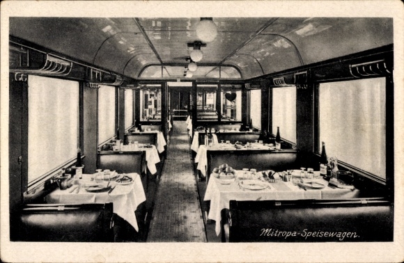 Postcard German railway, steam locomotive, Mitropa, dining car, tables, benches