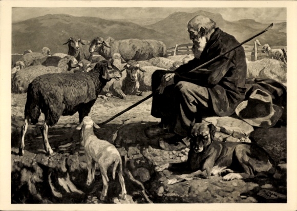 Artist PC Strahn, Jos., shepherd's rest, shepherd with flock, HDK 530