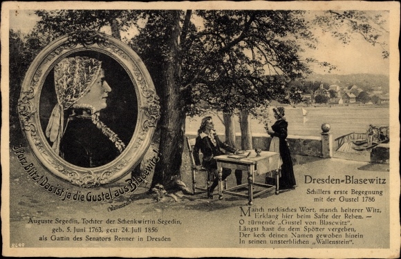 PC Dresden Blasewitz, Schiller&#39;s first encounter with Gustel 1786, Auguste Segedin Portrait, poem