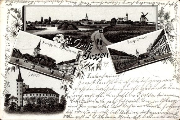 litho Jessen in Saksen-Anhalt, marktplein, Long Street, stadskerk, kasteel, windmolen