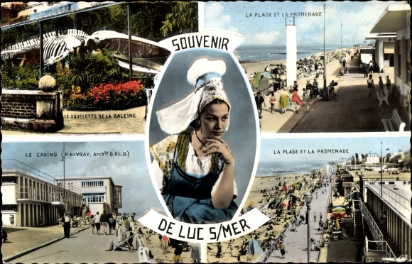 Postcard Luc sur Mer Calvados, The Beach, The Promenade, The Casino, Frau in Tracht, Walskelett