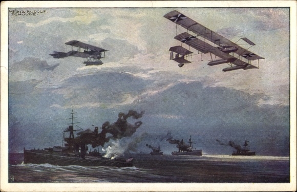 Artist PC Schulze, Hans Rudolf, German seaplanes over the English fleet, I. WW