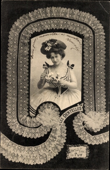 Postcard French traditional costume, lacework, woman portrait, Le Puy
