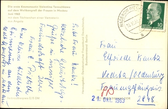 Postcard Moscow Russia, cosmonaut Valentina Vladimirovna Tereshkova, World Congress of Women 1963