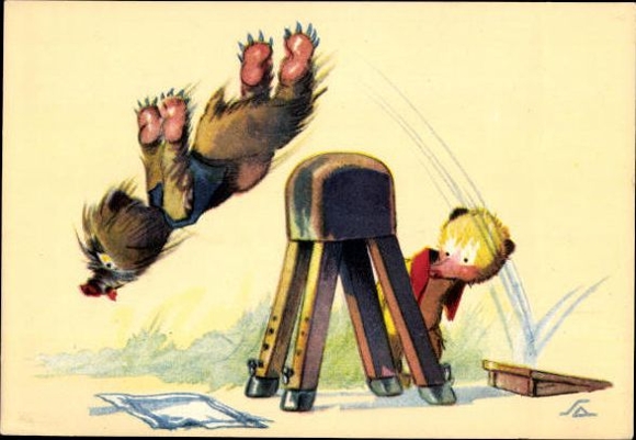 10 Artists Postcard Salac, Humanized Animals, Sports, Hunting, Bicycle, Professions