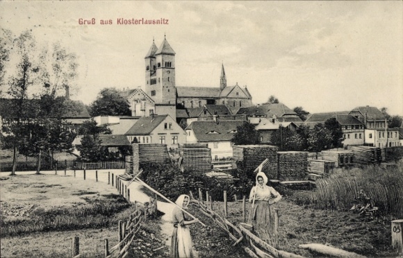 Ak Bad Klosterlausnitz in Thüringen, Historische Ansicht, Kloster, Bauern, Felder, alte Architekt