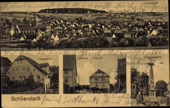 KP Schlierstadt Osterburken w Baden, panorama, poczta, ratusz, szkoła, pomnik wojenny