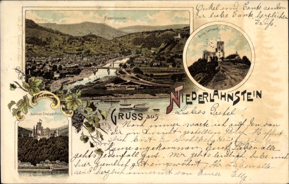 Chromo-Litho Niederlahnstein Lahnstein Rhein Lahn district, overall view, Lahneck Castle, Stolzenfels Castle