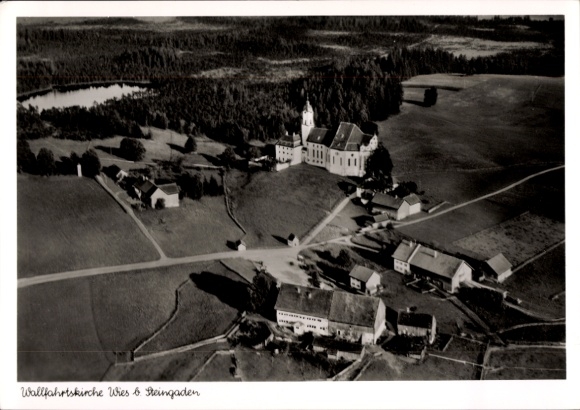 Postcard Wies Steingaden in Upper Bavaria, Wieskirche, pilgrimage church Wies, aerial photograph
